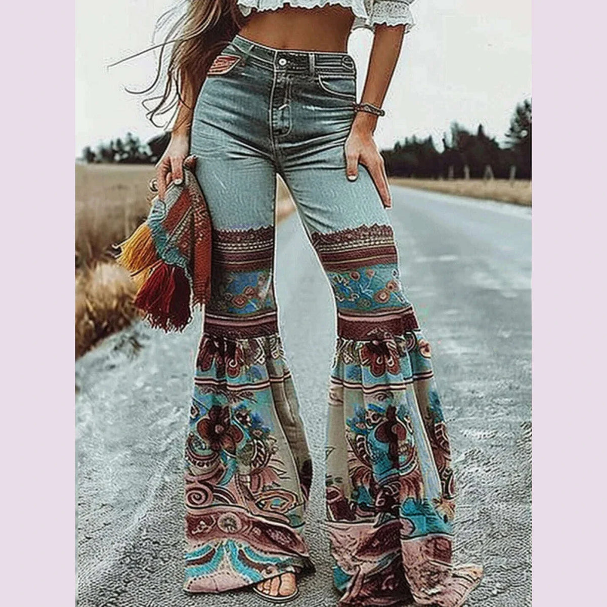 Womens Jeans Pants Autumn Winter Blue Vintage Floral Printed Bottoms with Pockets Woman High-Waisted Flared Denim Pants
