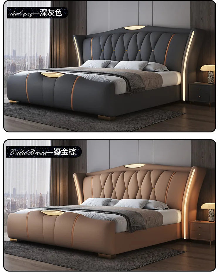Home Leather bed with light modern minimalist lit 150x200 180x200 200x220 cm Double bed 2 people bedroom beds frames Furniture