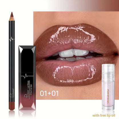 3PCS Ombre Lip Kit: Lip Liner + Lip Gloss + Lip Oil, Gradient Lips Makeup, Nude Shades, Hydrating, Non-Sticky