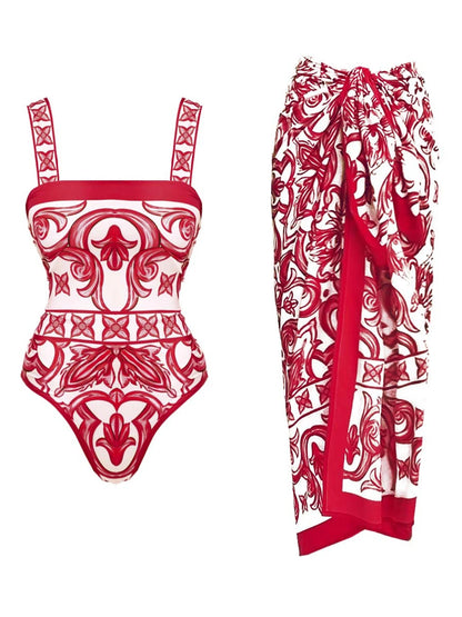 2026 New Ethnic Style Printed One Piece Swimsuit For Women Swimwear And Beach Sarong High Waist Bathing Suit Beachwear Monokini - Kimlud
