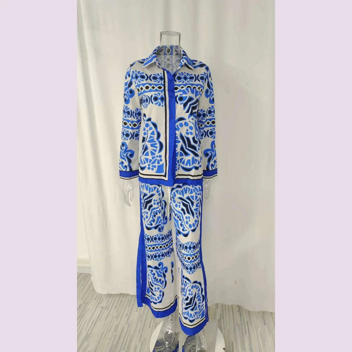 Long Sleeve Long Pant Sets Women  Retro Lapel Single Breasted Blouses Trousers 2 Piece Set Printed Color-blocking Elastic Waist