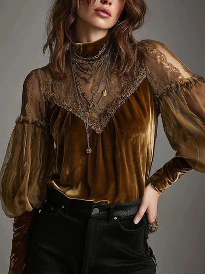 Lace Sheer Sexy Velvet Women Blouse Brown Round Neck Puff Sleeve Elegant Slim Female Autumn Top Fashion High Street Chic Shirts