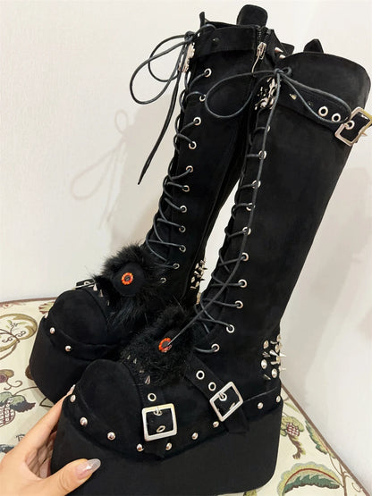 Skull Rivet Black Punk Platform Knee High Boots Shoes Women Zapatos Mujer