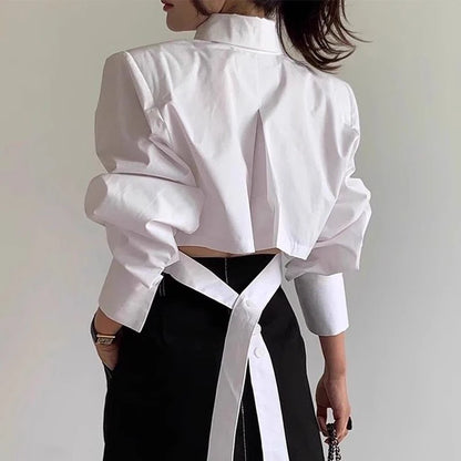 Zoki Korean Cropped White Shirts Women Back Lace Up Design Blouse Vintage Casual Long Sleeve Lady Elegant Hollow Out...