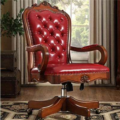 12American Genuine Leather Retro Carved Solid Wood Swivel Chair Office Chair Lift | Kimlud Vintage Luxury Home
