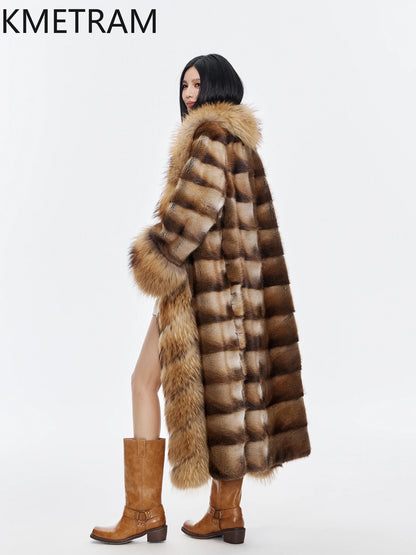 KMETRAM Natural Muskrat Fur Coat Woman Luxury Long Real Fur Jacket Raccoon Dog Fur Collar Winter Coats Women Clothing 2025 шуба