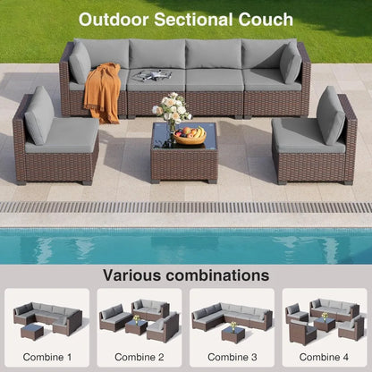 7 Pieces Outdoor Patio Furniture Set, PE Rattan Outdoor Wicker Sectional Furniture Sofa Set, with Cushions | Kimlud...