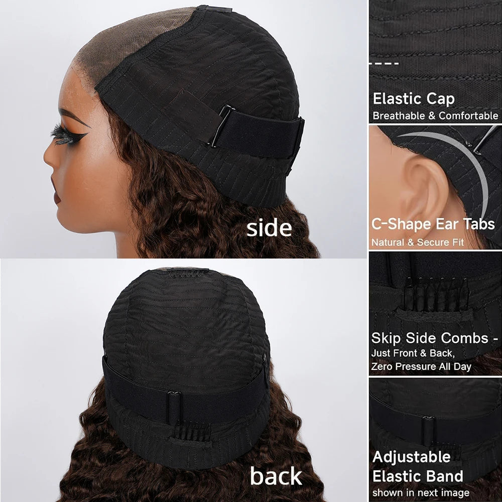 Chocolate Brown Deep Wave Glueless Wigs Human Hair Ready To Wear Pre-Cut Lace Wig 5x5 Wear Go Glueless Human Hair Wigs...