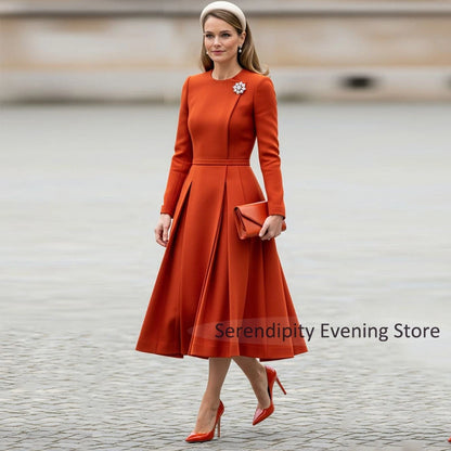 Elegant Mother of the Bride Dresses for Women Long Sleeves A-Line Pleated Wedding Guest Dress O Neck Evening Party Gowns Midi