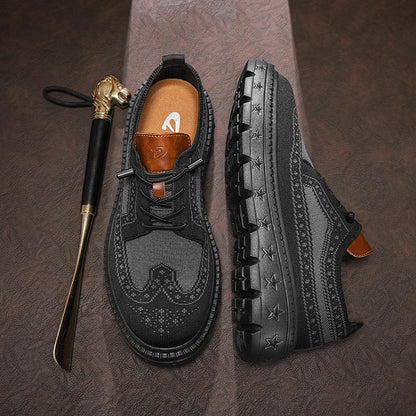 Men's Brogue Knit Oxford Sneakers, Breathable Lightweight Casual Dress Walking Shoes, Soft Cushion Non Slip Platform Fashion Sne