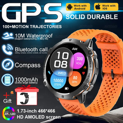 2025New Outdoor Military GPS Compass Smart Watch Men 1.73"HD AMOLED Screen 1000MAH Heart Rate BT Call IP68 Waterproof Smartwat
