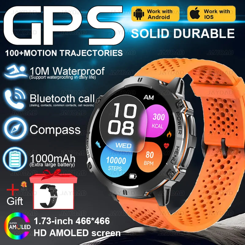 2025New Outdoor Military GPS Compass Smart Watch Men 1.73"HD AMOLED Screen 1000MAH Heart Rate BT Call IP68 Waterproof Smartwat