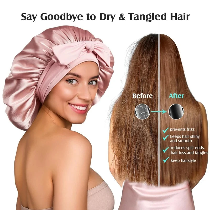 100% 19 Momme Mulberry Silk Bonnet for Sleeping Wome with Larger Double Layer Silk Hair Wrap for Curly Short Long Hair Non-Slip