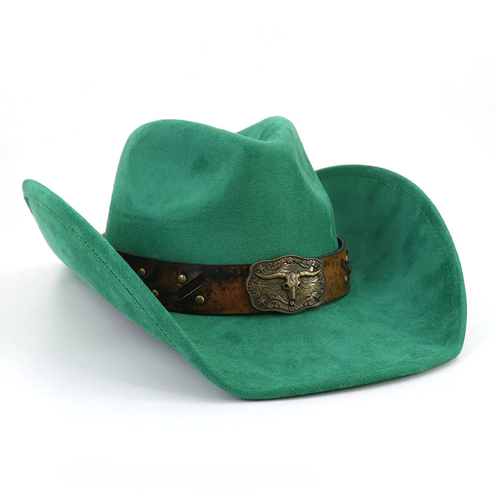 Western Big Brim Cowboy Hat Bull's Head Leather Band Suede Top Hat Outdoor Mens Hats Ladies Party Horse Riding Cowgirl...
