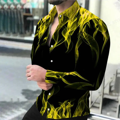 Multicoloured Flame Print Men's Turn-down Collar Button Shirt Casual Long Sleeve Shirt Fashion Streetwear Trend Tops Men Clothes - Kimlud