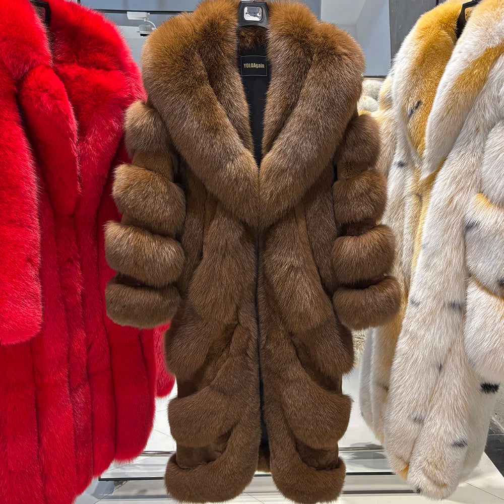 YOLOAgain 2025 Winter Warm Luxury Real Fox Fur Coat Women Pink Fox Fur Jacket Long