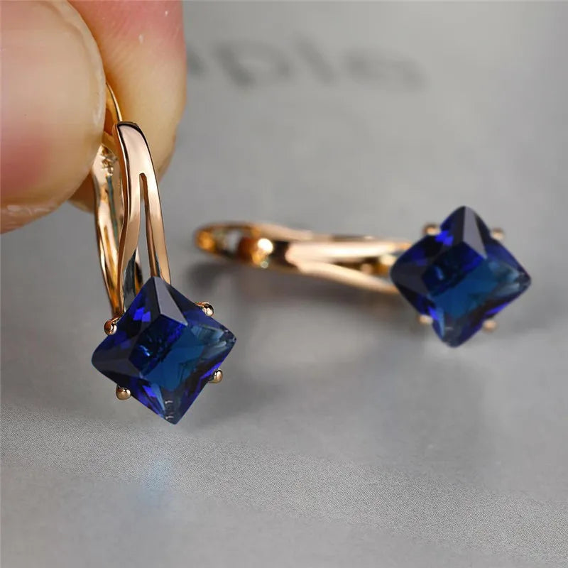 Cute Female Champagne Square Jewelry Luxury Crystal Zircon Stone Hoop Earring Rose Gold Color Wedding Earrings For Women