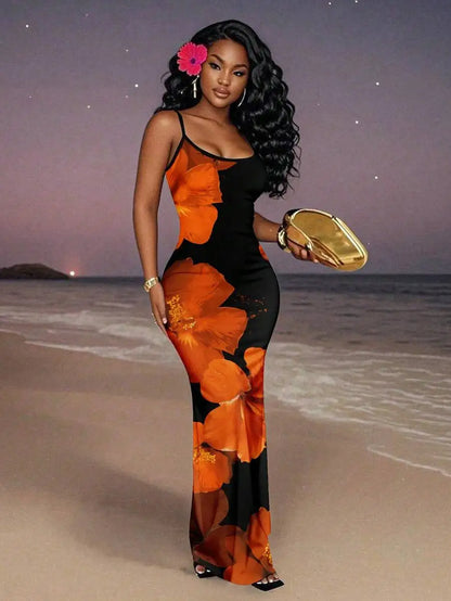 Womens Floral Print Elegant Waist Cinched Long Strap Dress For Party,Summer Dresses For Women