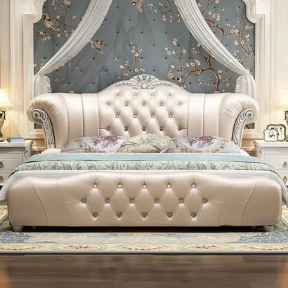 Wood Modern Bed Luxury Leather Classic Wedding Bed European Confortable Safe Camas De Matrimonio Dormitorio Bedroom...