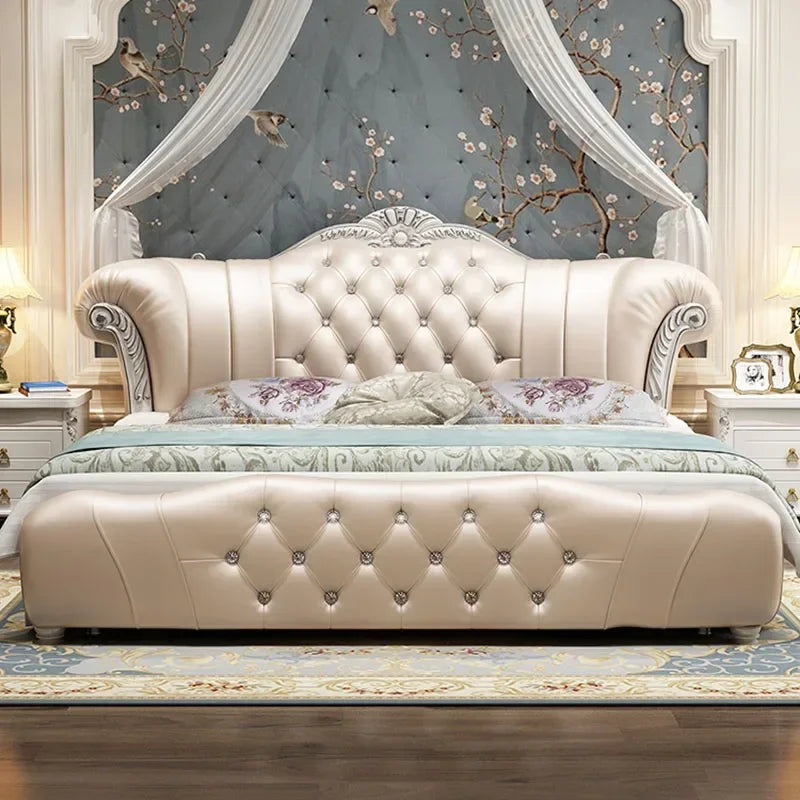 Wood Modern Bed Luxury Leather Classic Wedding Bed European Confortable Safe Camas De Matrimonio Dormitorio Bedroom...