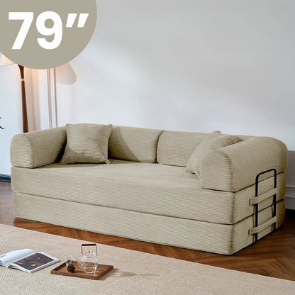 79’’ Folding Convertible Sofa Bed Corduroy Upholstered Boneless Couch, Loveseat Sleeper Floor Sofa for Living Room Bedroom - Kimlud
