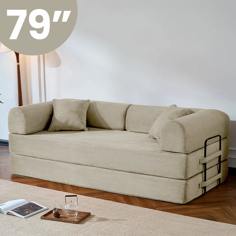 79’’ Folding Convertible Sofa Bed Corduroy Upholstered Boneless Couch, Loveseat Sleeper Floor Sofa for Living Room Bedroom - Kimlud