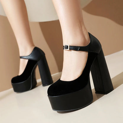 2024 Matte Flock Splice PU Shallow Mouth Hollow Breathable Waterproof Platform Ultra High Thick Heel Ankle Buckle Women's Pumps