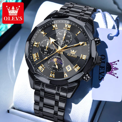 OLEVS 3675 Mens Watch Original Business Brand Quartz Watch Multifunctional Chronograph Waterproof Moon Phase Watch For Man New