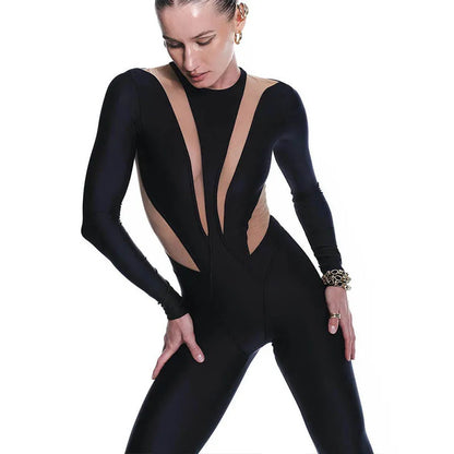 Sexy Mesh Hollow Patchwork Jumpsuit Long Sleeves Game Cosplay Bodysuit Women Performance Dance Costume Party Outfit