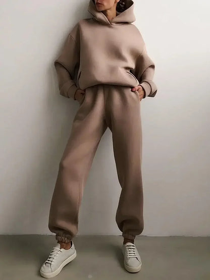 Women's Tracksuit Casual Solid Long Sleeve Hooded Sport Suits Autumn Warm Hoodie Sweatshirts and Long Pant Fleece Two Piece Sets