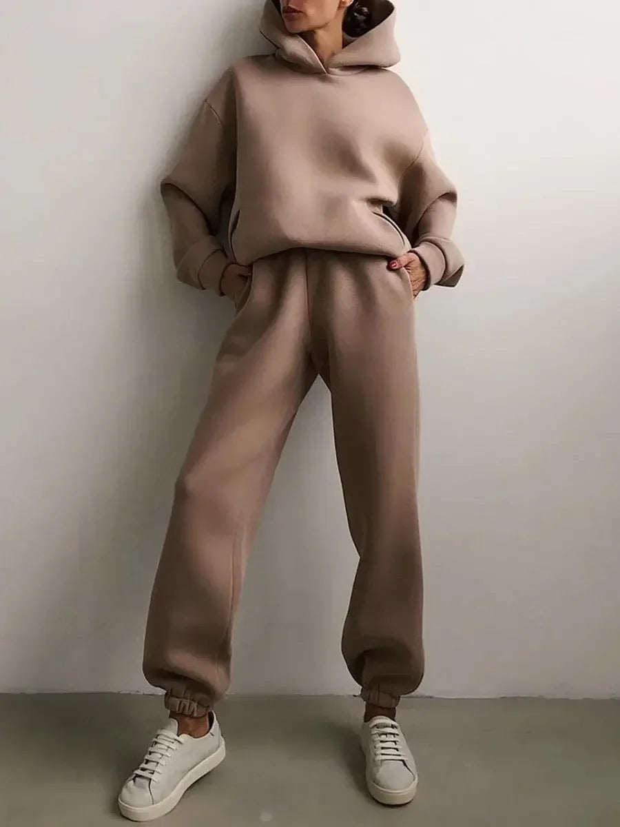 Women's Tracksuit Casual Solid Long Sleeve Hooded Sport Suits Autumn Warm Hoodie Sweatshirts and Long Pant Fleece Two Piece Sets