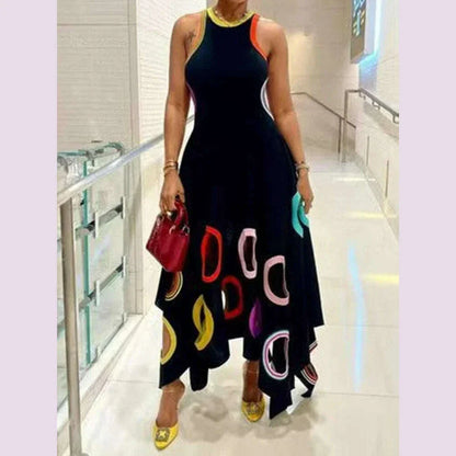 Women's Circle Hollow Out Tank Dress Round Neck Asymmetric Hem Pleated A-Line Fashion Elegant Sleeveless Summer Evening Dress