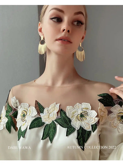 Vintage Embroidered Shirt Elegant Mesh Patchwork Satin Blouse O-neck Tops Spring Autumn Long Lantern Sleeve Women Clothes 24976