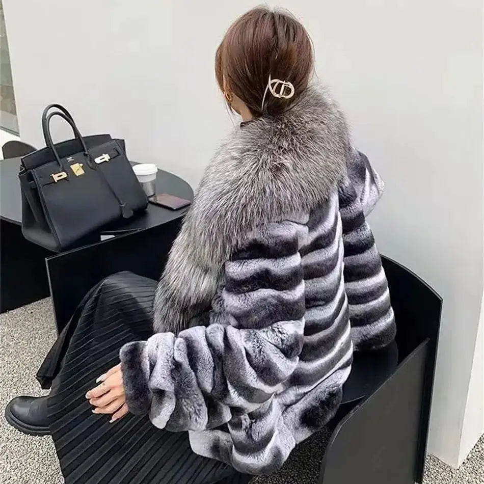 Natural Rex Rabbit Fur Coat for Women, Monochromatic Hood, Thickened and Warm, Large Fox Fur Collar, 100% Pure, New, Winter, 202