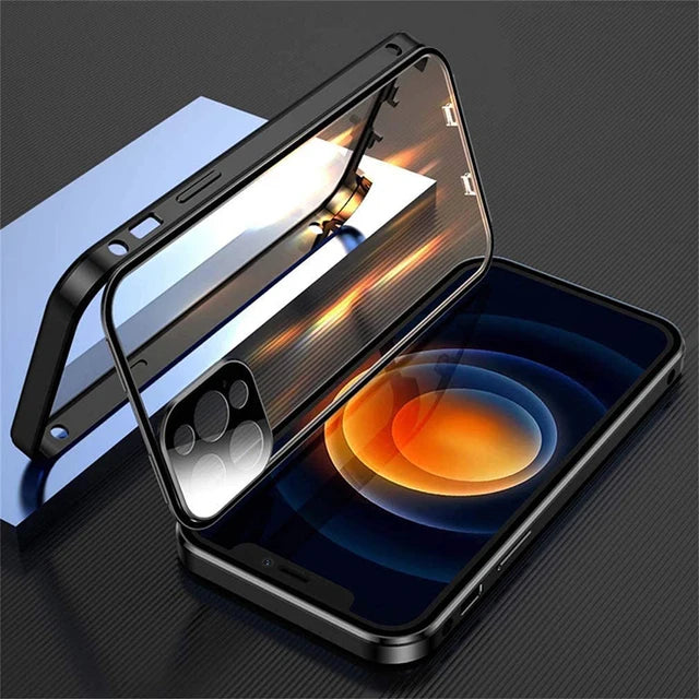 360 Full Protection Metal Magnetic Double Sided Glass Snap Lock Case For iPhone 17 16 15 14 12 13 Pro Max Lens...