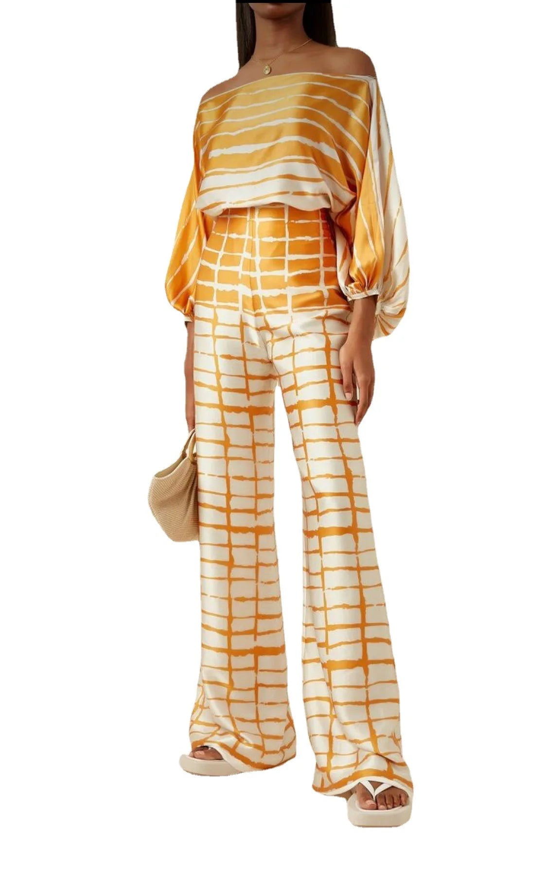 Women Satin Print Pajamas Suit Fashion Hollow Off Shoulder Tops with Long Pants 2 Piece Sets 2024 Homewear Commuting Outfits - Kimlud