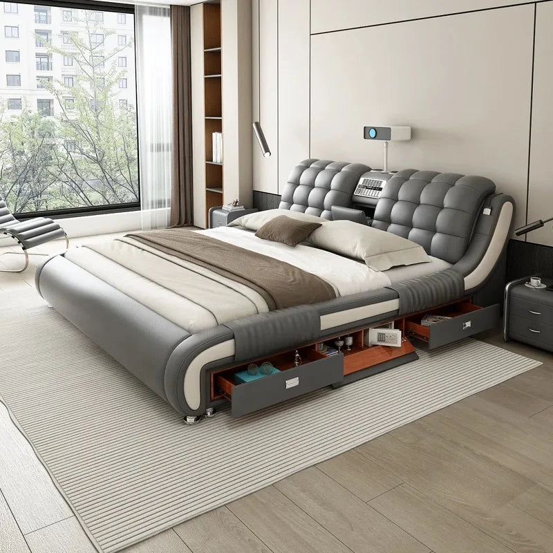 Modern Luxury Bedroom Furniture Smart Electric Massage Up-holstered Beds king Size Double Bed Gas Lift Frame with Storage Design