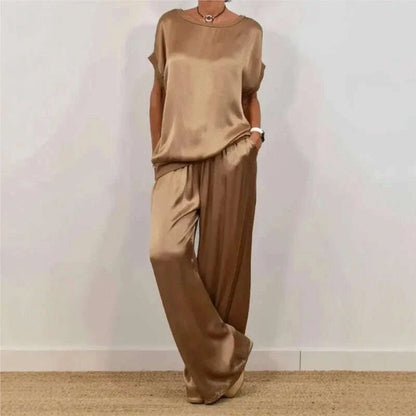 2025 Spring Satin Oversize Women Suit Black V-neck Tops Long Pants Loose Suits Female Summer Casual Trendy Ladies Clothes Sets