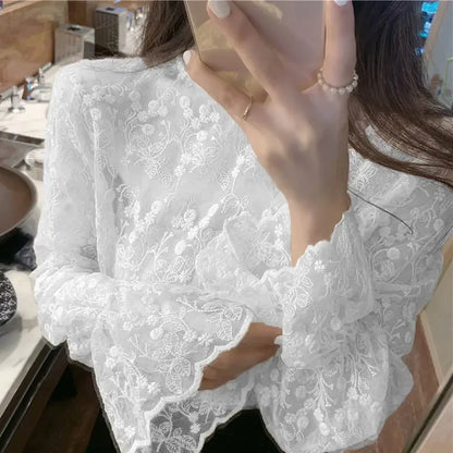Blouse Women Lace Shirt Mesh Women's Lace-Collared Blouse Autumn and Winter Small Shirt Blusas Ropa De Mujer
