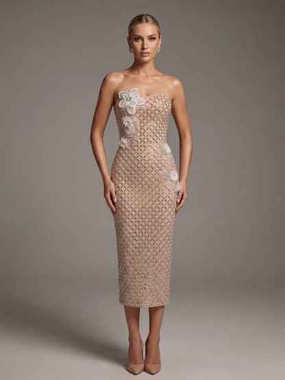 Sexy Strapless Luxury Diamonds Floral Sequined Midi Dress Women Apricot Sleeveless Backless Crystal Dresses Evening...