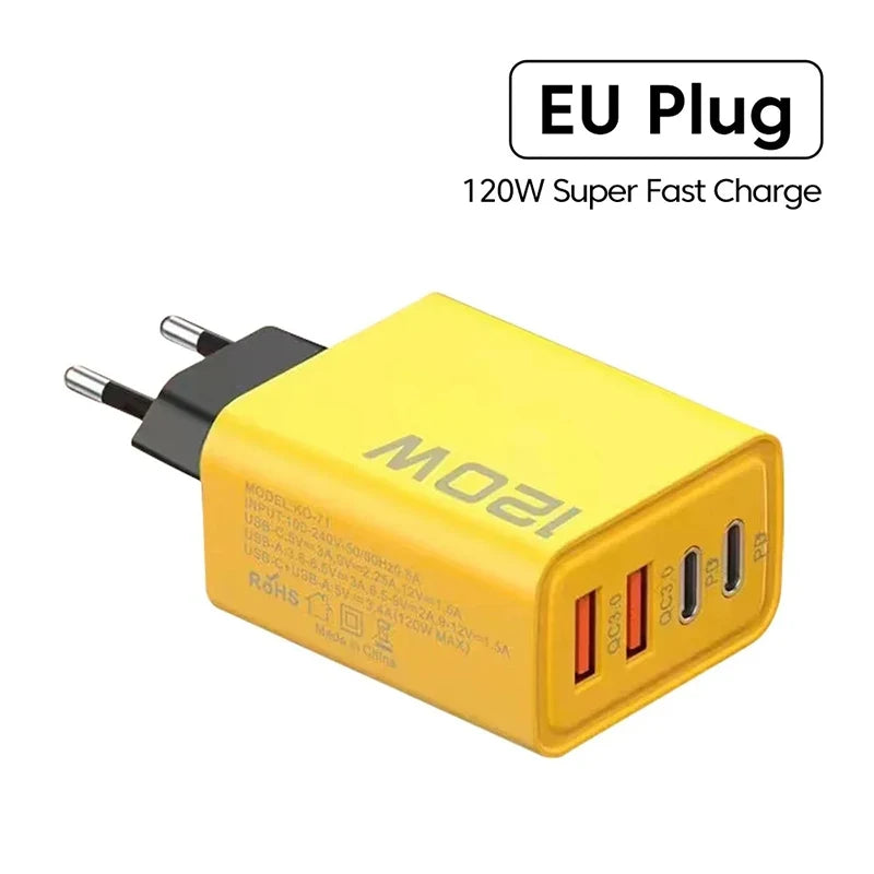 120W 4 Port Type C Fast Charging USB Phone Charger Adapter US EU Plug Charger For iPhone Xiaomi Huawei Quick Charge Wall Charger