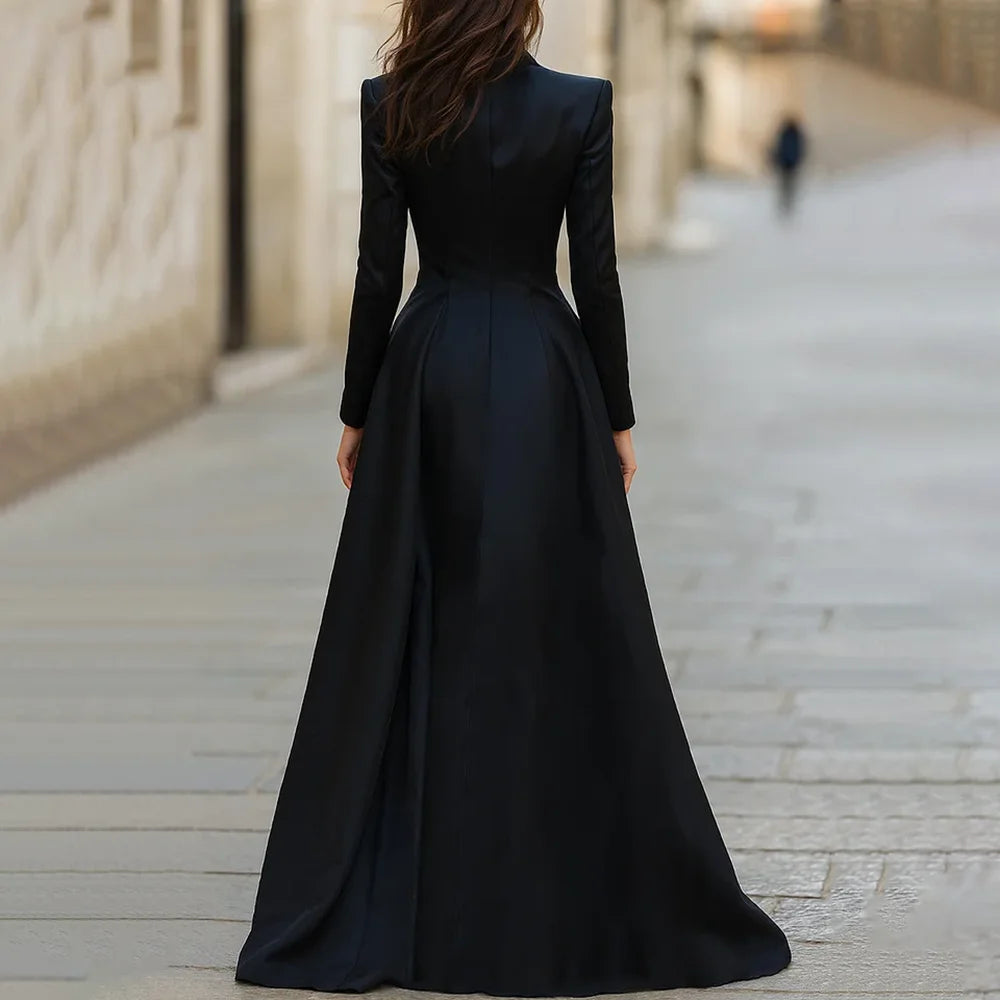 Black Suit Evening Dress Customized V-Neck Long Sleeves Lace Applique Mermaid Evening Gowns Long Satin Formal Party Dresses