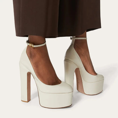 Women New European And American Style Super High Heels Patent Leather Round Toe Thick Sole Large Size Thick Heel Shoes