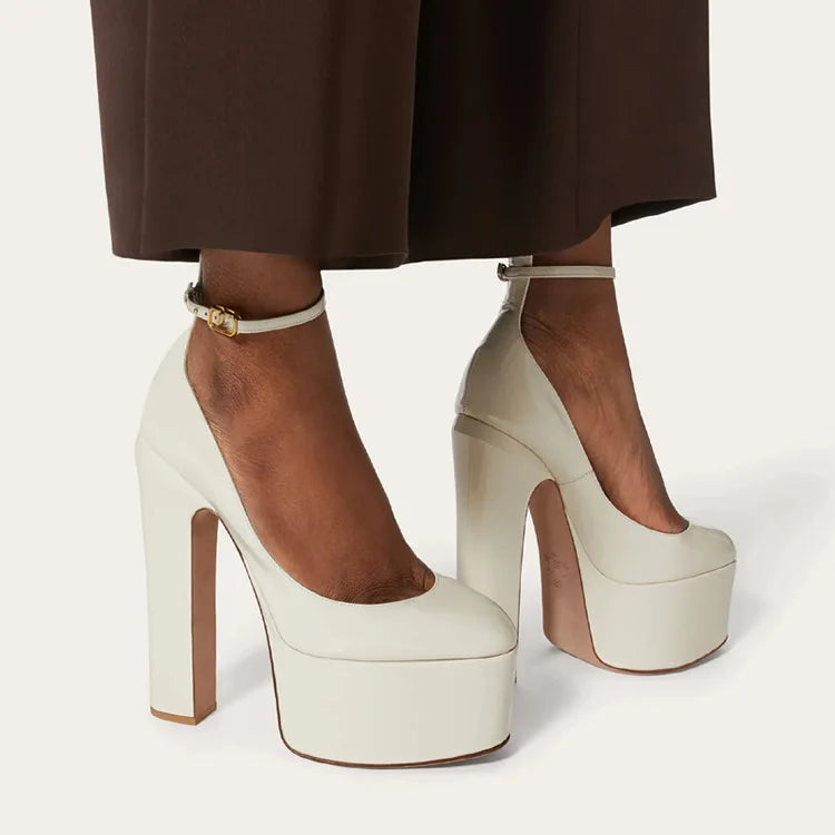 Women New European And American Style Super High Heels Patent Leather Round Toe Thick Sole Large Size Thick Heel Shoes