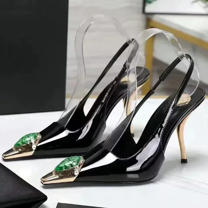 Luxury Metal Jewel Decoration Heels Women 2025 Sexy Pointed Toe Patent Leather Women Pumps Elegant Banquet High Heeled Sandals - Kimlud