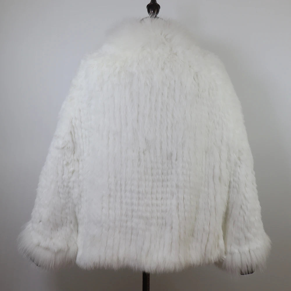 Hot Women Knitted 100% Real Rabbit Fur Shawl Winter Warm Genuine Rabbit Fur Pashmina Coat With Fox Fur Collar For Female...