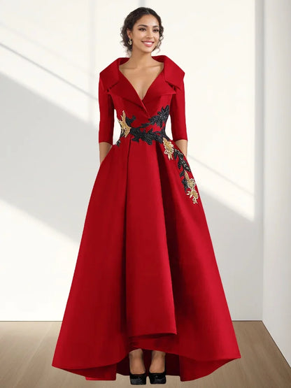 A-Line Evening Gown Vintage Elegant Dress Floor Length 3/4 Length Sleeve V Neck Satin with Beading Appliques 2024