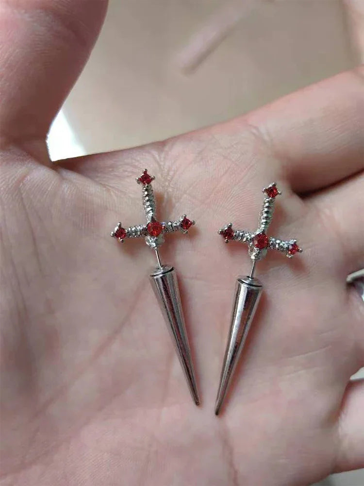 Kiss Jewelry Punk Sword Gothic Kinitial Piercing Earrings for Woman Men Gothic Crystal Ear Jacket Stud Earrings Jewelry - Kimlud