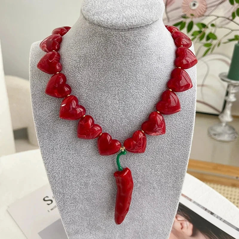 Copper resin cherry pendant beaded irregular pearl necklace, suitable for women everyday and party wear
