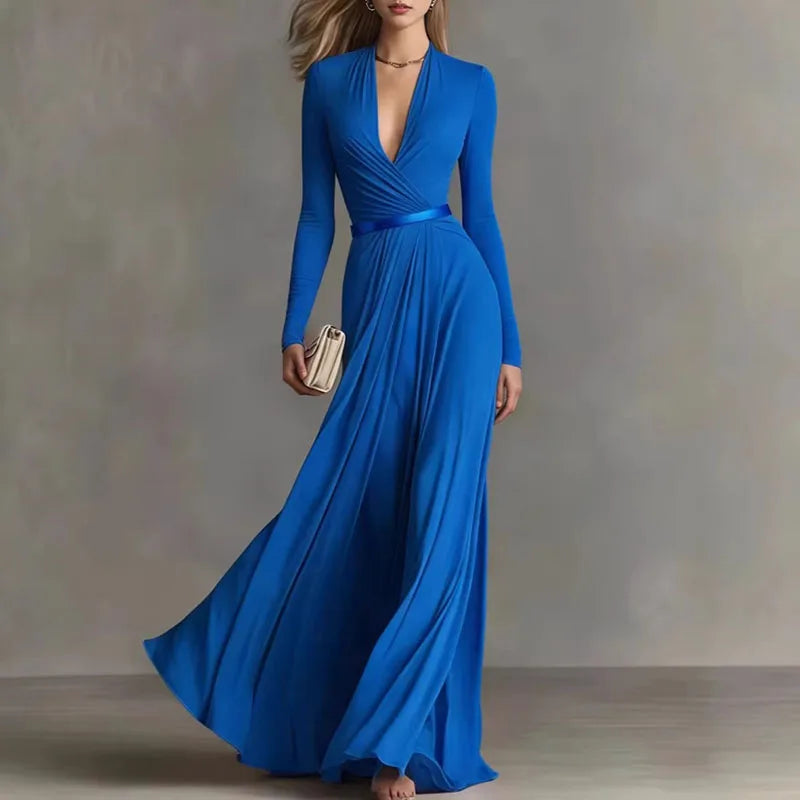 Elegant Sexy Deep V Neck Slim Maxi Dress Women Long Sleeve Ruched Waist Formal Gown Spring Casual Solid Sashes Boho Long Dresses